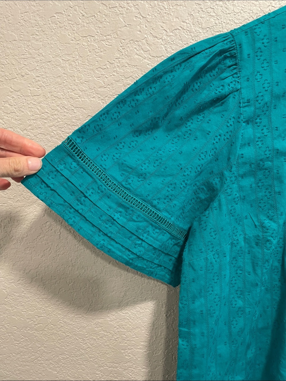LOFT Teal Embroidered Cotton Blouse Size Medium Boho Pintuck Short Sleeve Top - Picture 5 of 6